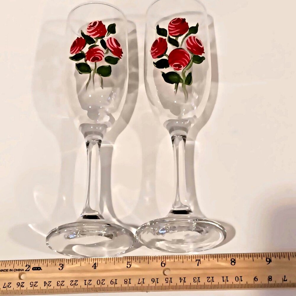 8" Hand Painted Wine Glasses – Roses – Romantic Set of 2 - Picture 1 of 8